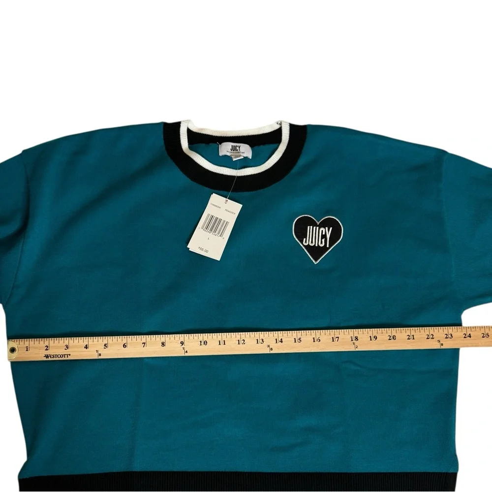 Juicy Couture Crew Neck Long Sleeve Pullover Heart Sweater Teal Womens Large New